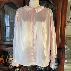 Vintage Expressly For Robinsons baby Pink satin Blouse Embroidered Collar‎ sz 10